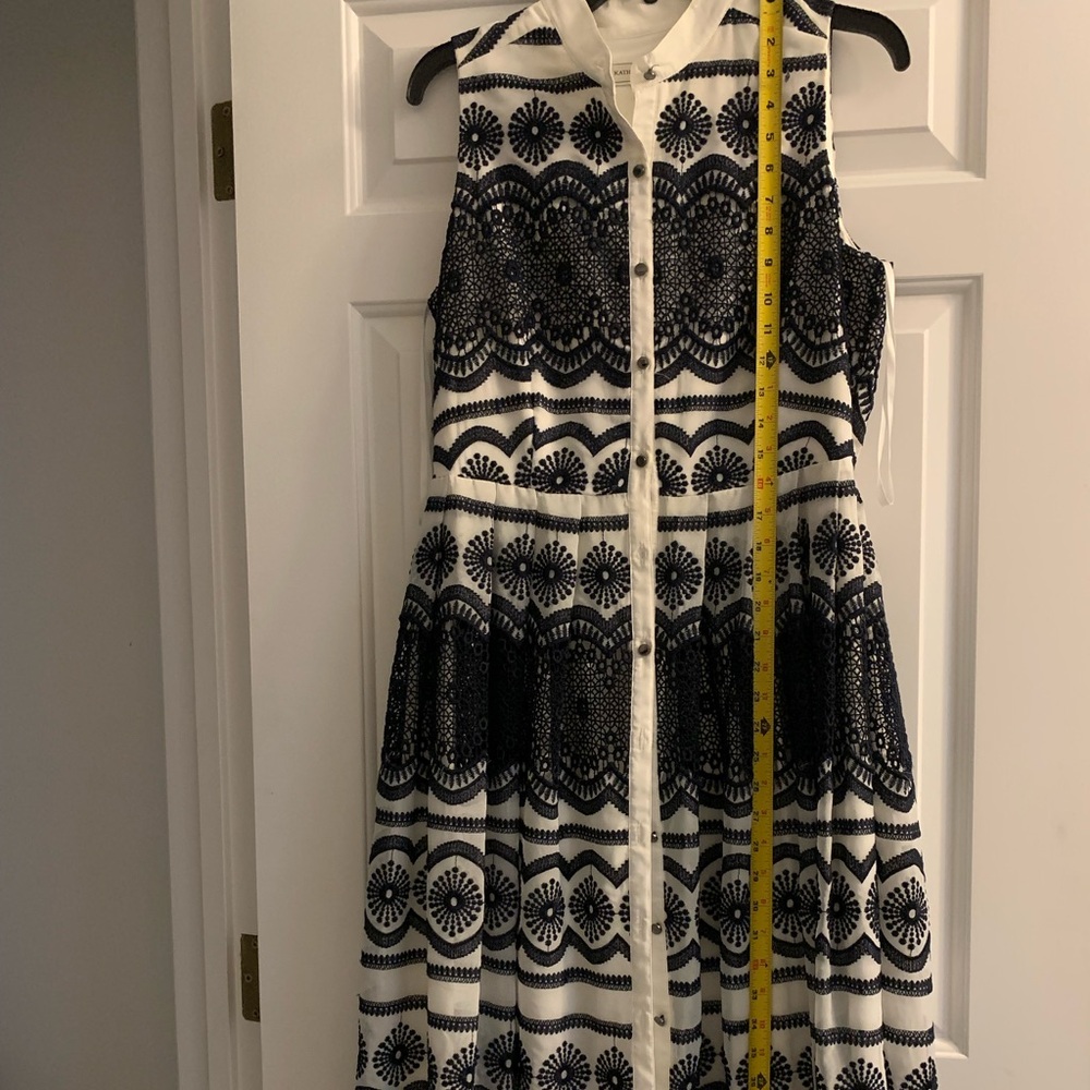 Katherine Kelly dress.  Navy blue and white with silver buttons.